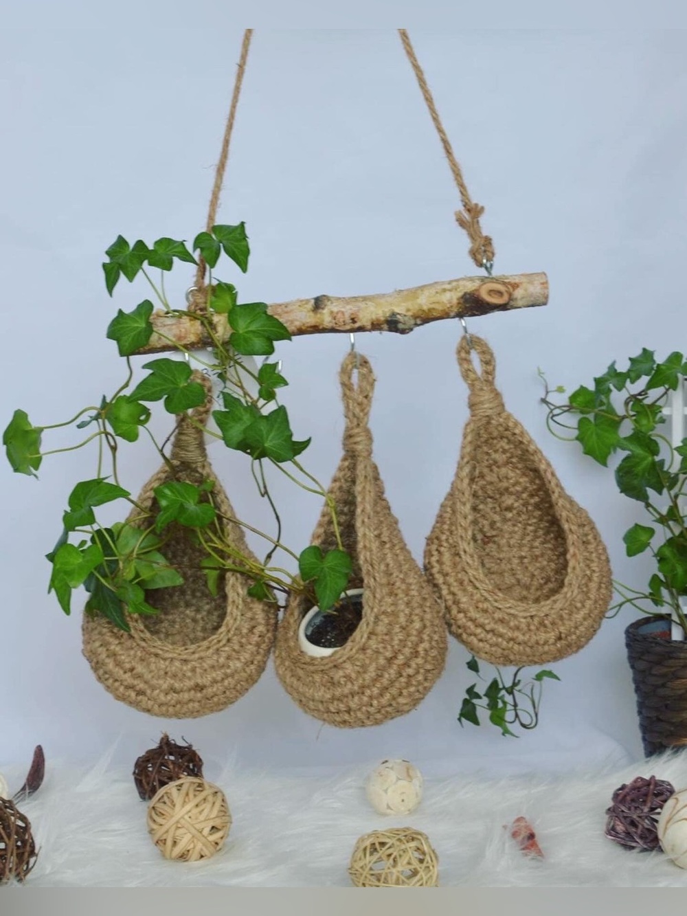 Set 3 Handwoven teardrop Jute Hanging Wall Baskets kitchen storage decor cottage